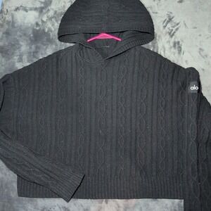 Alo Yoga Cable Knit Winter Bliss Hoodie Black Oversized Chunky Sweater Size L